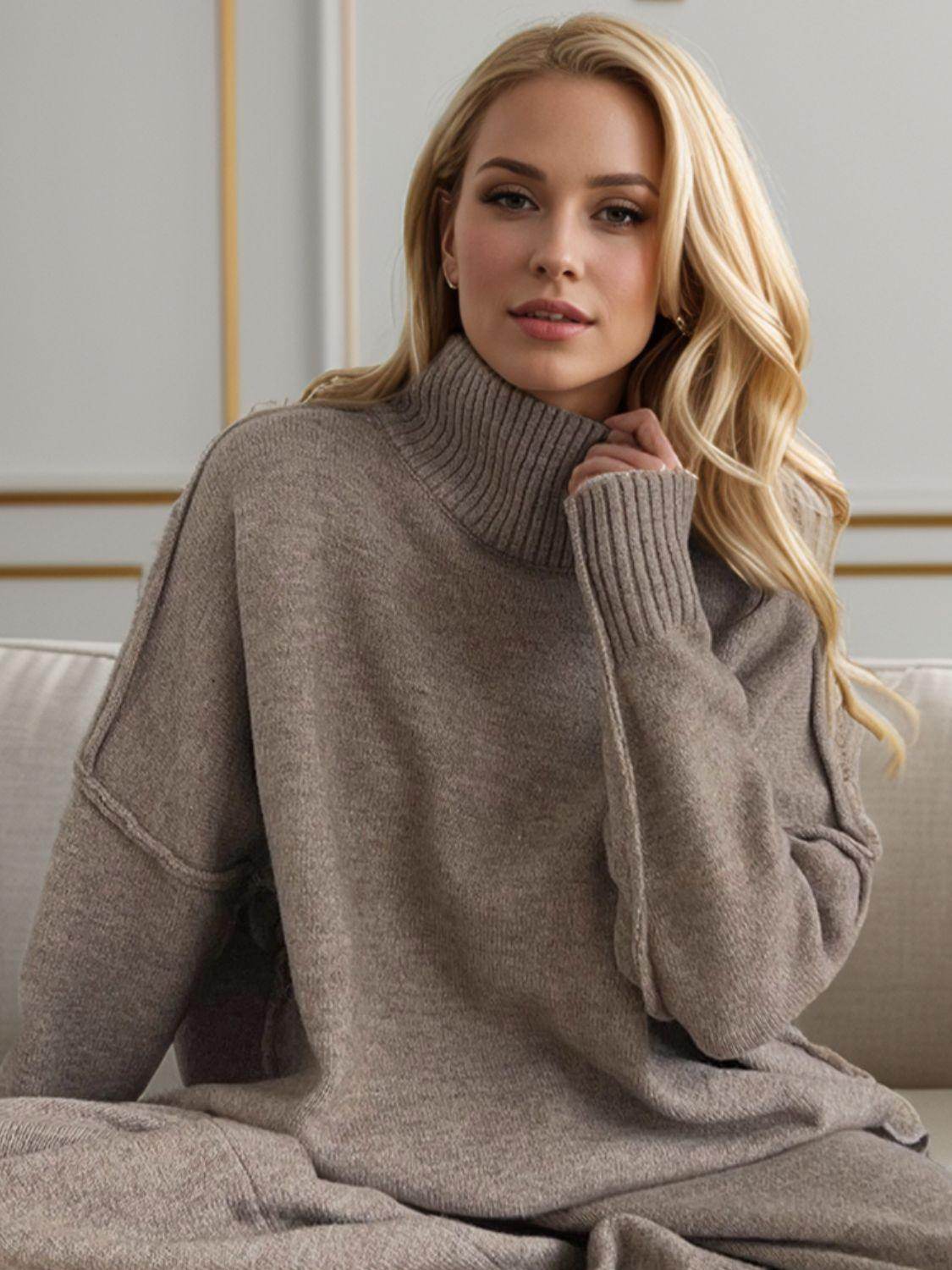 Slit Turtleneck Long Sleeve Top and Pants Sweater Set Outfit - Selvanelle
