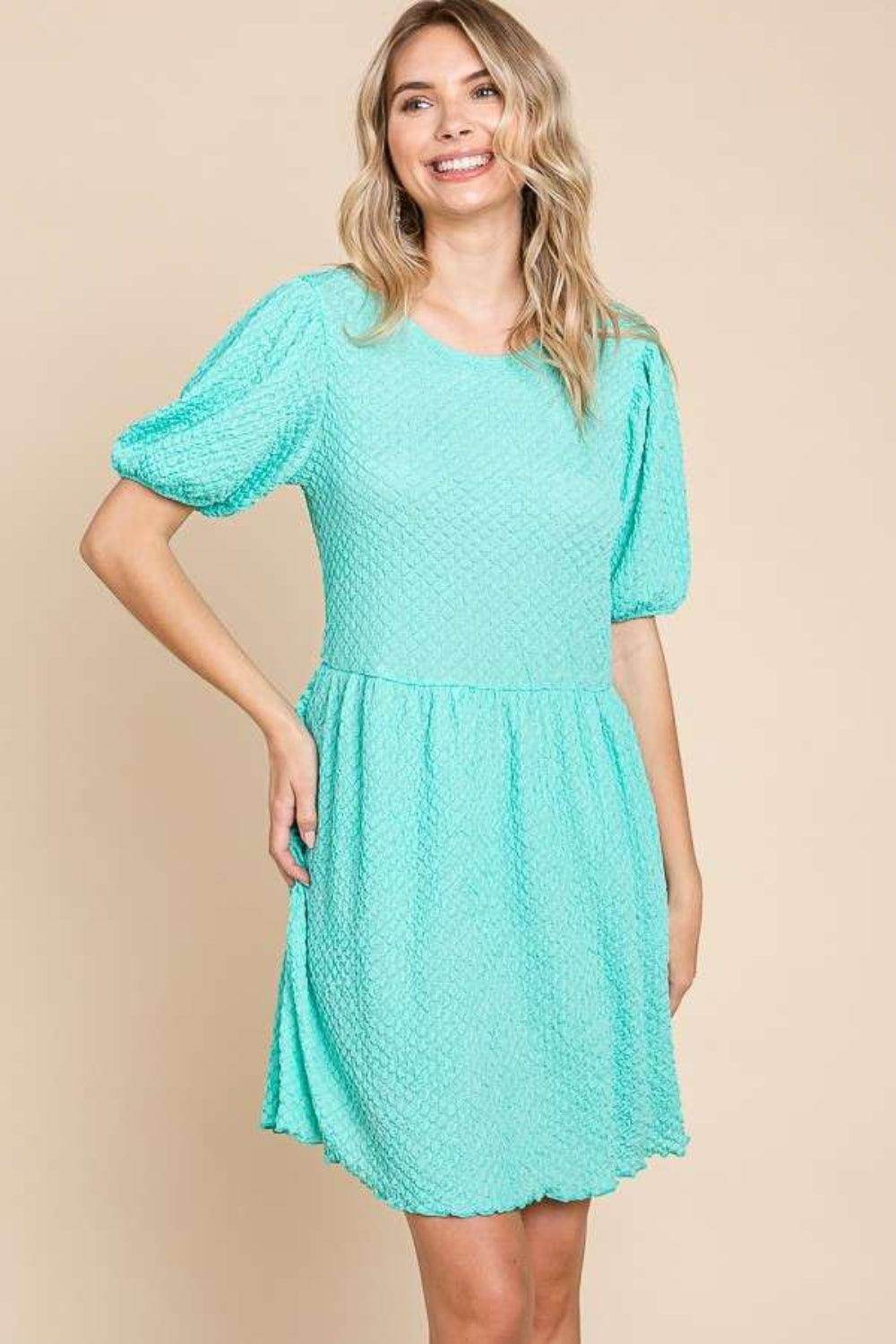 Culture Code Full Size Textured Round Neck Puff Sleeve Dress - Selvanelle