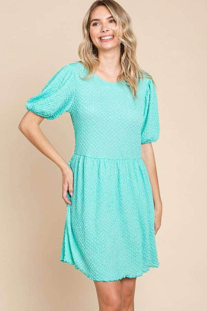 Culture Code Full Size Textured Round Neck Puff Sleeve Dress - Selvanelle