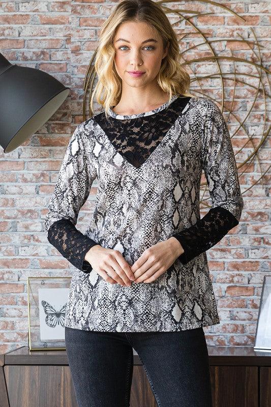 Heimish Full Size Snakeskin Print Round Neck Lace Top