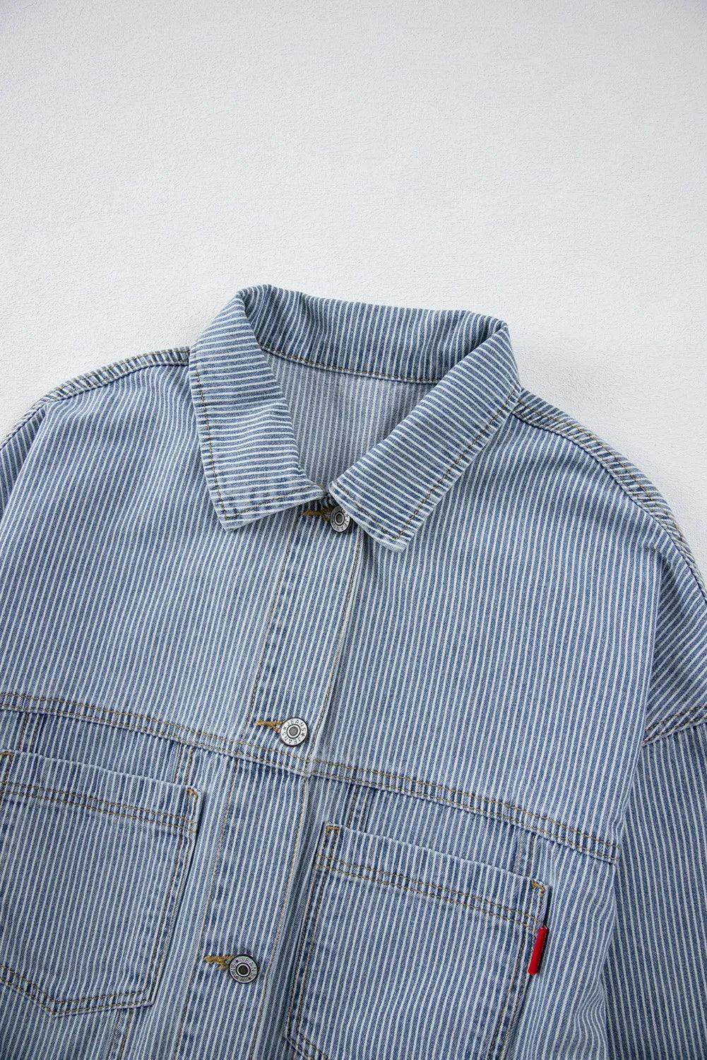 Striped Button Up Long Sleeve Denim Jacket for Women - Selvanelle