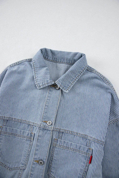 Striped Button Up Long Sleeve Denim Jacket for Women - Selvanelle
