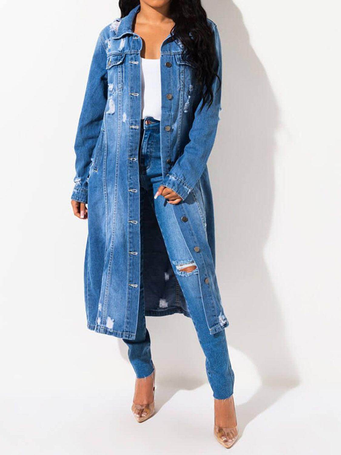 Chic Long Sleeve Raw Hem Denim Jacket for Stylish Women - Selvanelle
