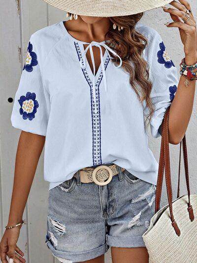 Embroidered Tie Neck Puff Sleeve Blouse for Women Stylish - Selvanelle