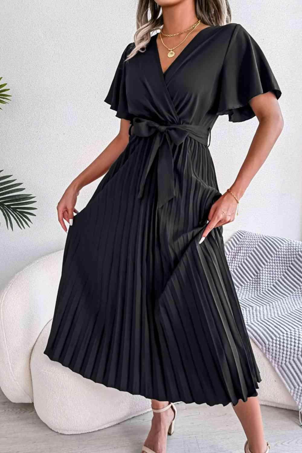 Pleated Flutter Sleeve Belted Dress for Casual Wear - Selvanelle