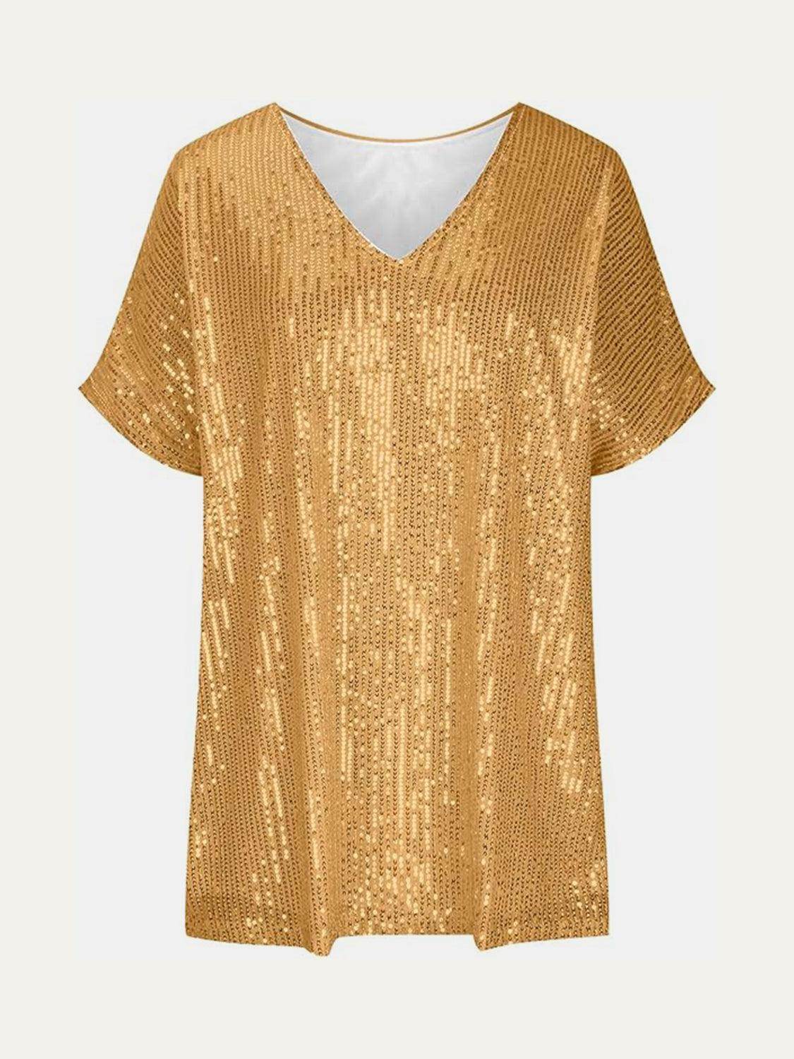 Full Size Sequin V-Neck Short Sleeve Top for Women - Selvanelle