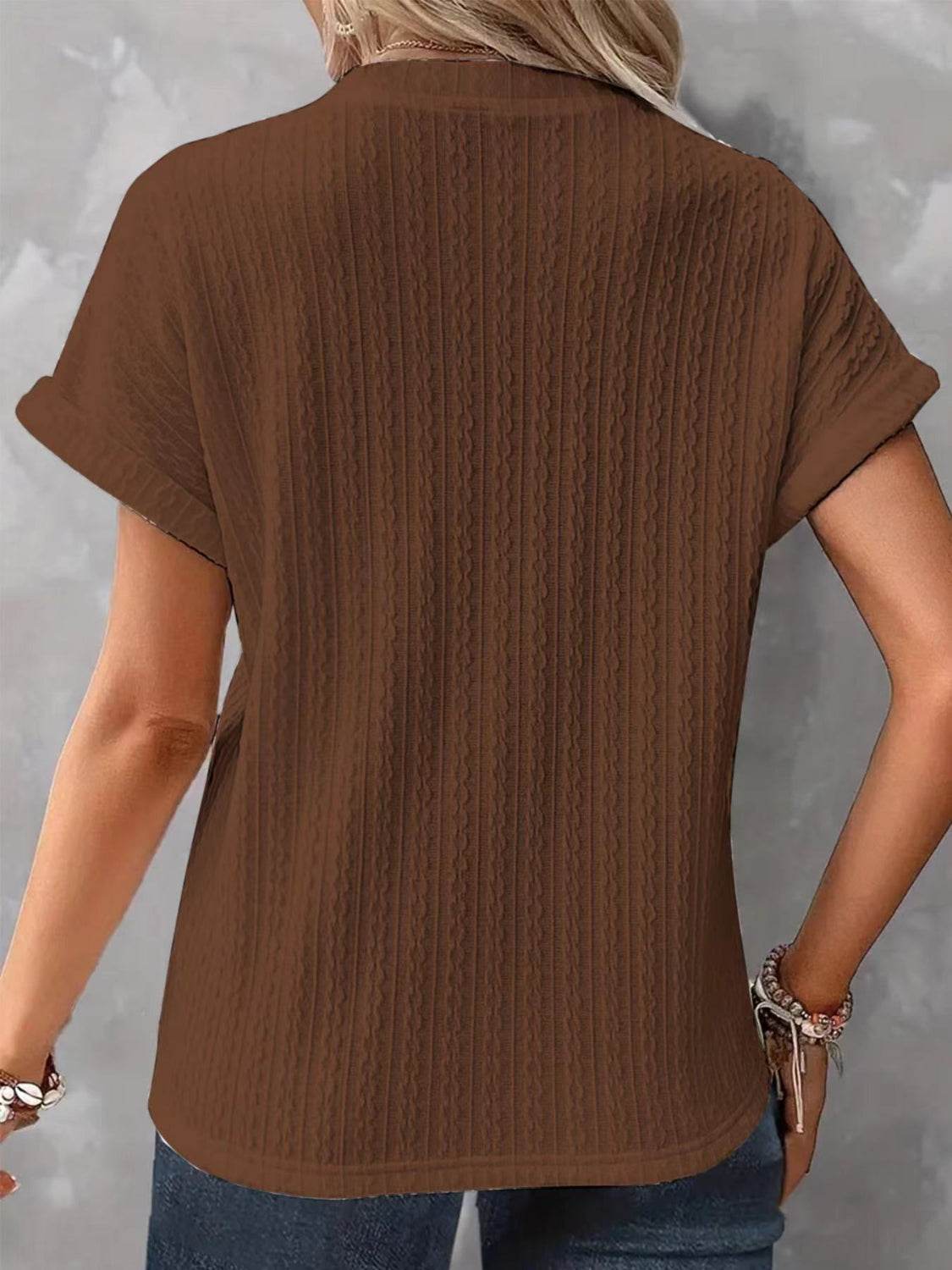Textured Notched Short Sleeve Top - Selvanelle