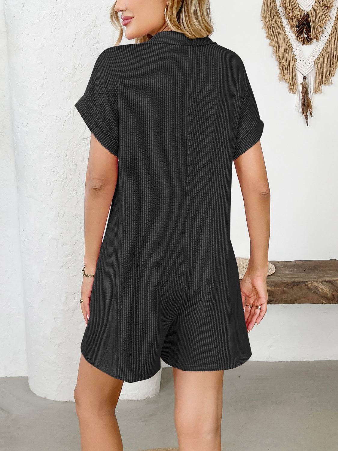 Button Detail Collared Neck Short Sleeve Romper - Selvanelle