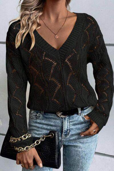 Openwork V-Neck Long Sleeve Sweater for Women Fashion - Selvanelle