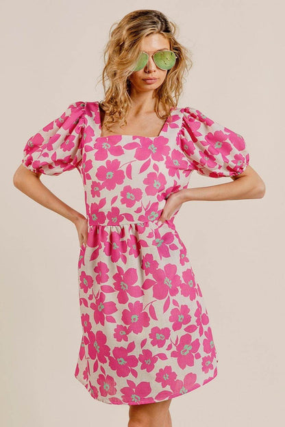 BiBi Printed Square Neck Puff Sleeve Mini Dress for Women - Selvanelle