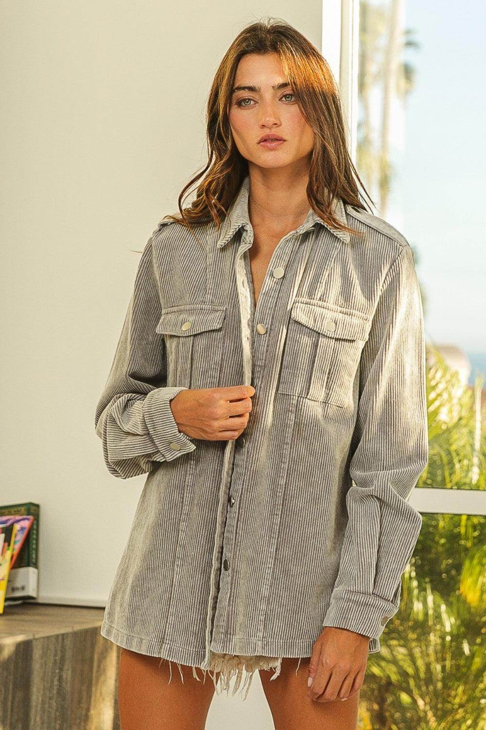 BiBi Button Up Corduroy Shacket for Stylish Layering - Selvanelle