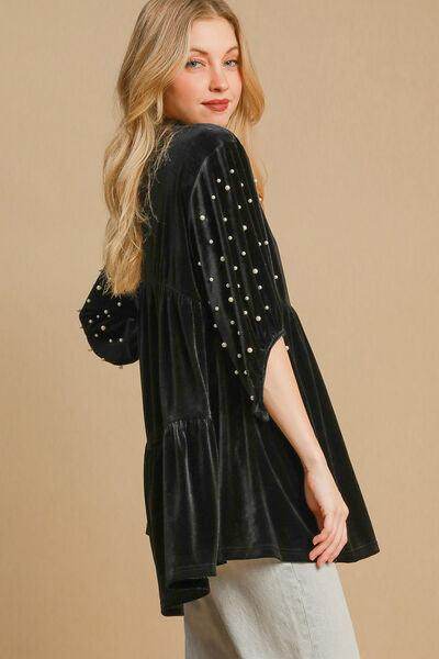 Umgee Pearl Detail Half Sleeve Velvet Babydoll Blouse - Selvanelle