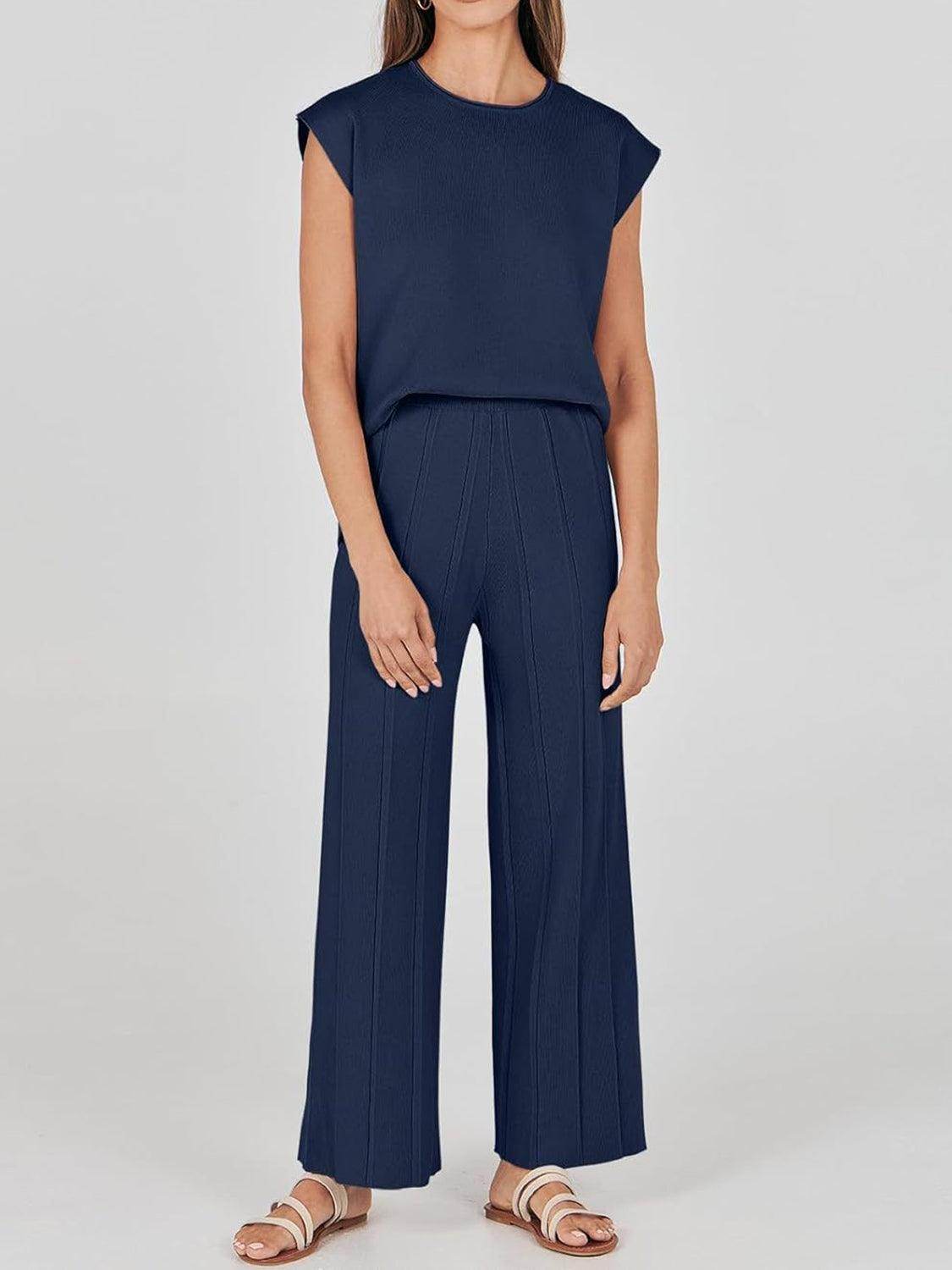 Round Neck Cap Sleeve Top and Pants Knit Set for Women - Selvanelle