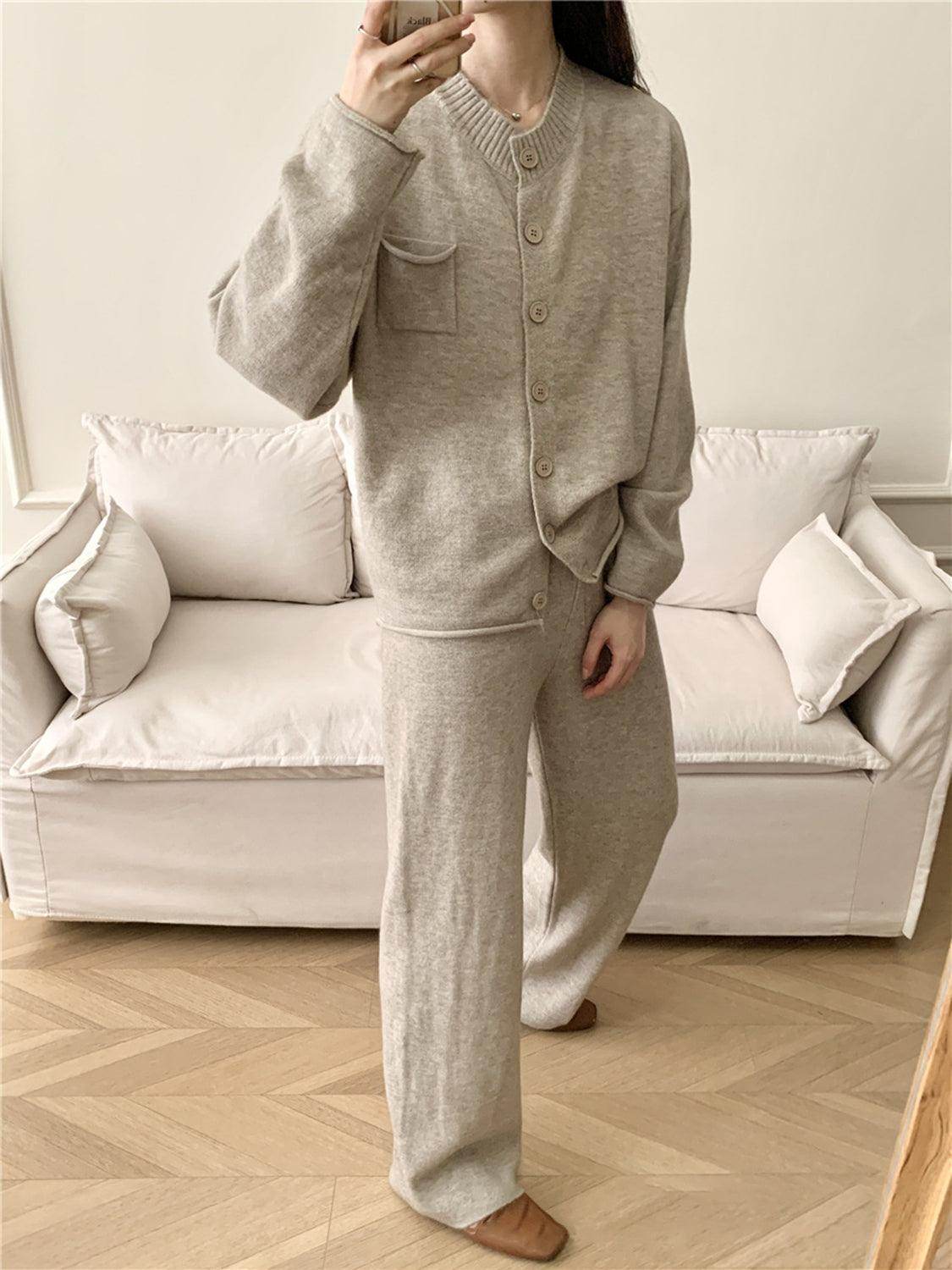 Pocketed Round Neck Button Up Cardigan and Pants Sweater Set - Selvanelle