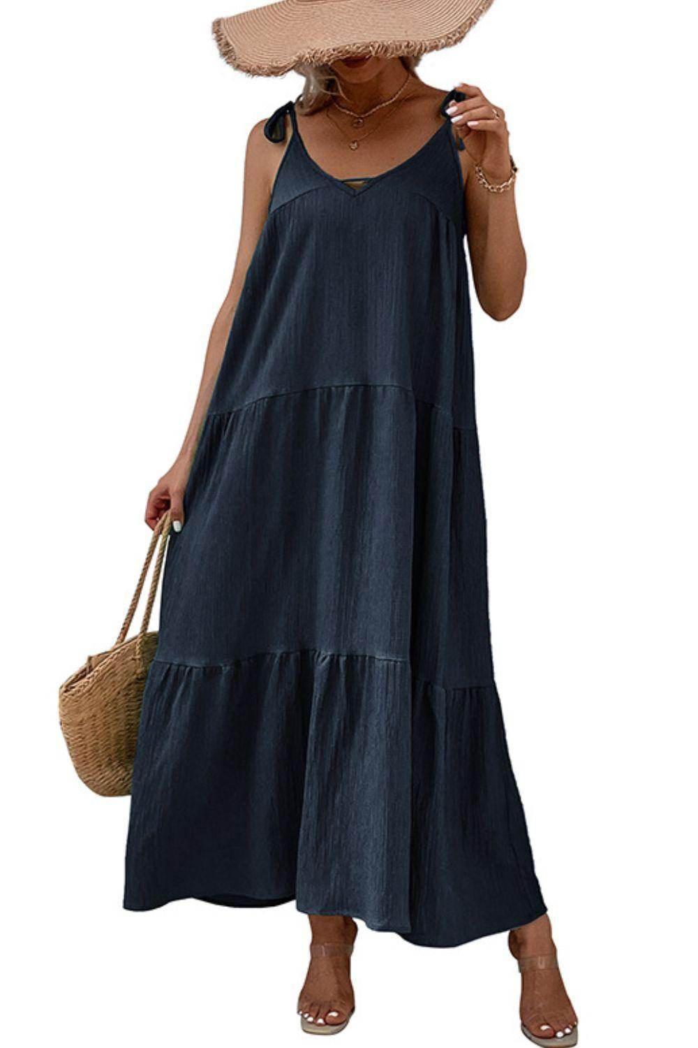 Perfee Tie-Shoulder Tiered Maxi Dress for Vacation Wear - Selvanelle