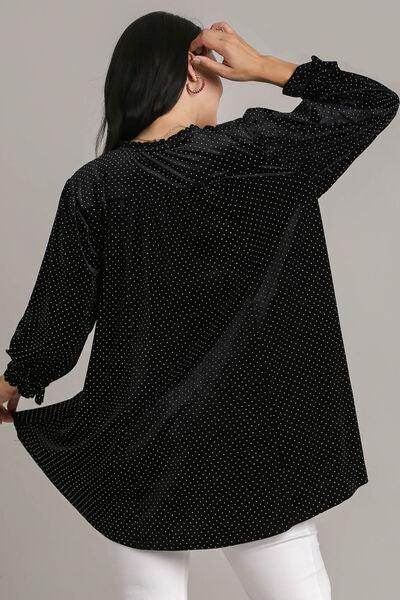 Umgee Full Size Beaded Frill Flounce Sleeve Velvet Blouse - Selvanelle