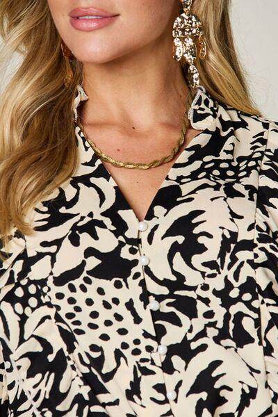 Double Take Full Size Printed Ruffle Trim Balloon Sleeve Shirt - Selvanelle