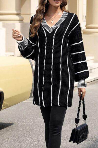 Striped V-Neck Long Sleeve Sweater for Women Fashion - Selvanelle