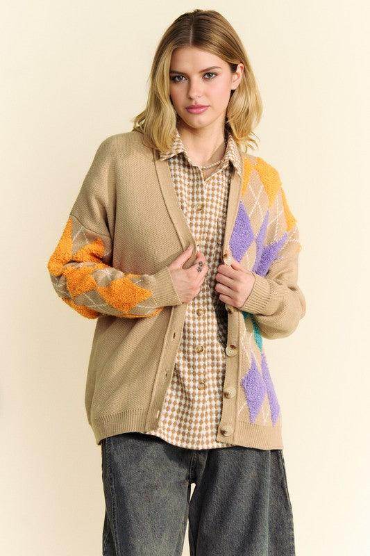 Davi & Dani Argyle V-Neck Dropped Shoulder Cardigan Style - Selvanelle
