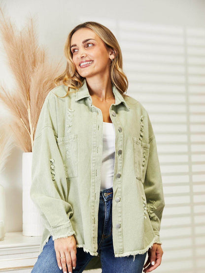 Distressed Raw Hem Denim Jacket for Relaxed Fit Style - Selvanelle