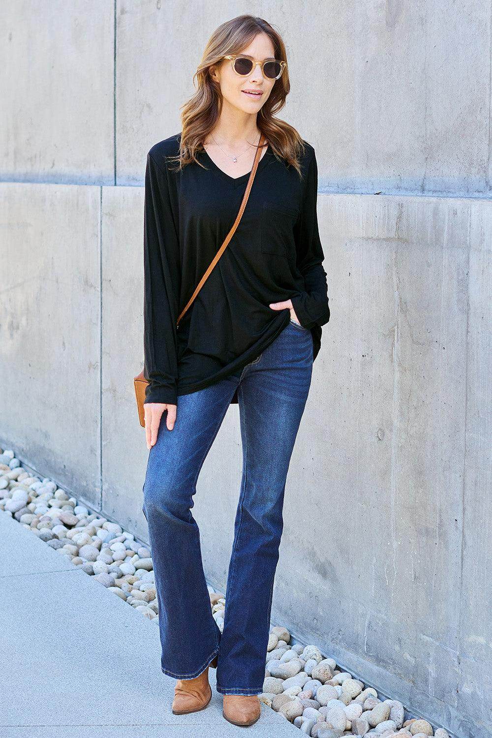 Basic Bae Full Size V-Neck Long Sleeve Top for Women - Selvanelle