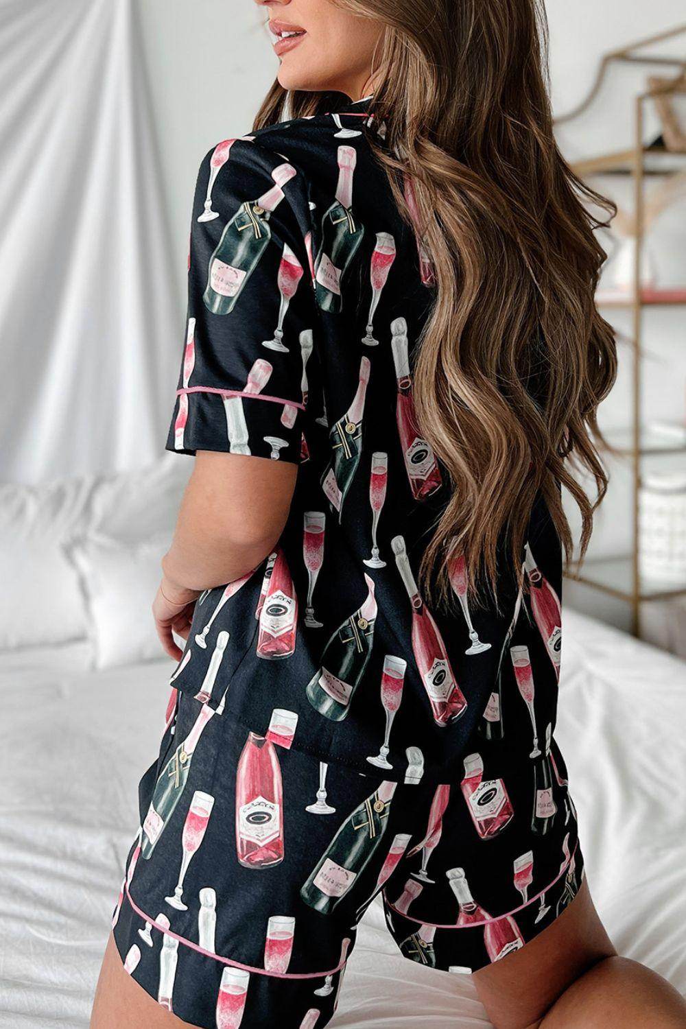 Champagne Print Short Sleeve Top and Shorts Set for Women - Selvanelle