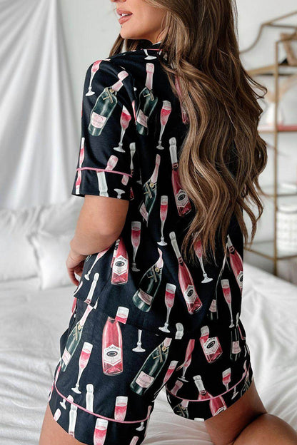 Champagne Print Short Sleeve Top and Shorts Set for Women - Selvanelle