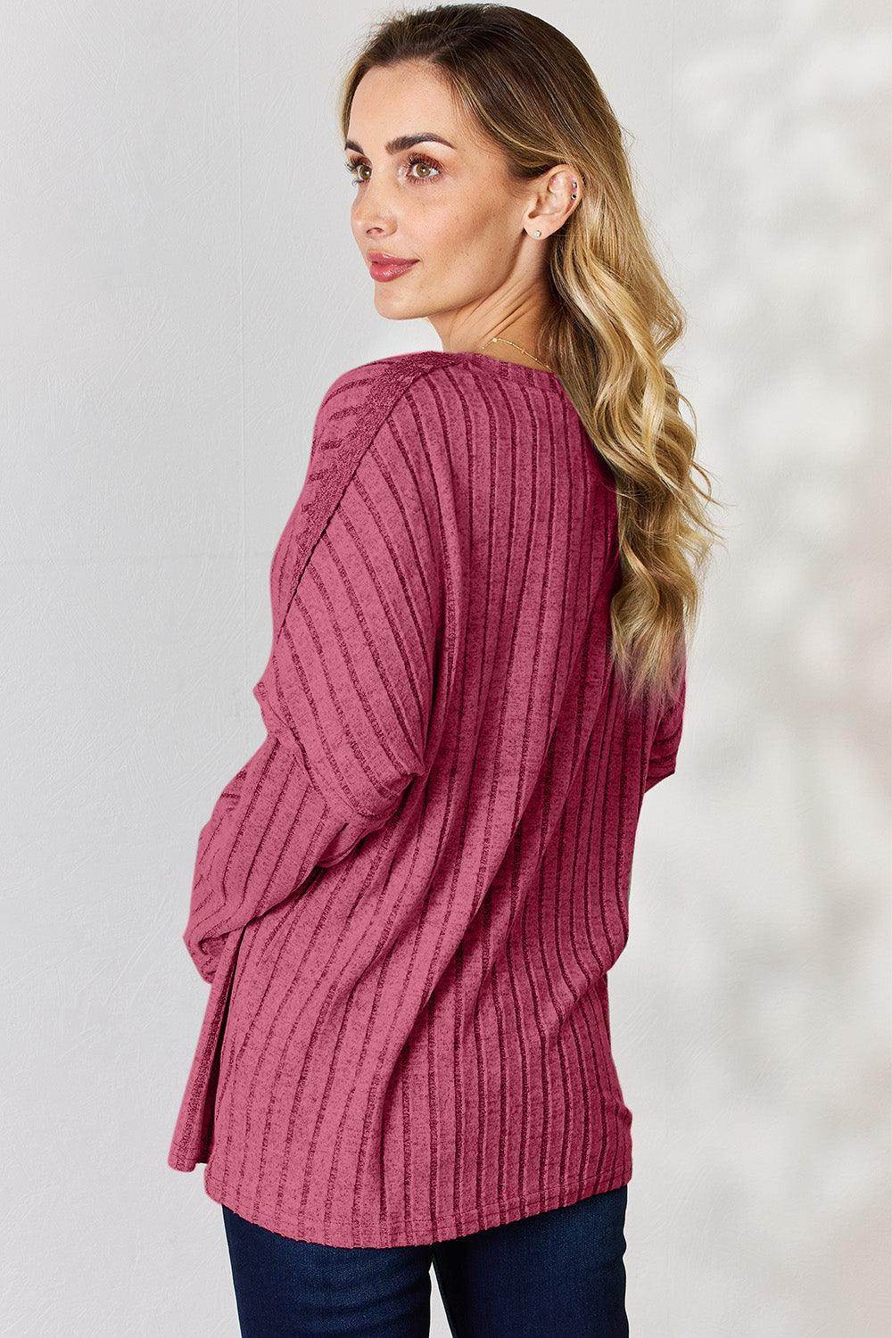 Basic Bae Full Size Ribbed Half Button Long Sleeve T-Shirt - Selvanelle