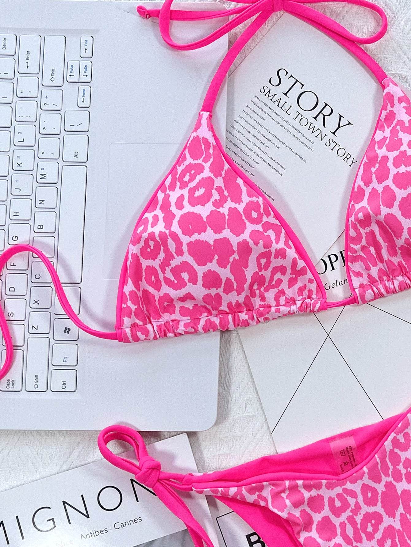 Leopard Print Halter Neck Tie Side Bikini Set - Selvanelle