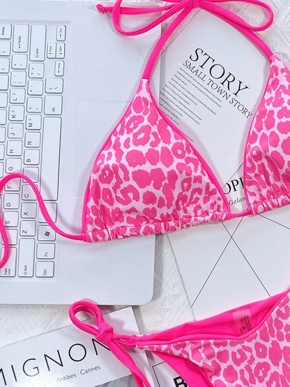 Leopard Print Halter Neck Tie Side Bikini Set - Selvanelle