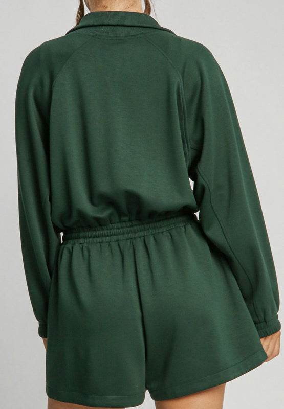 Drawstring Half Zip Long Sleeve Romper - Selvanelle
