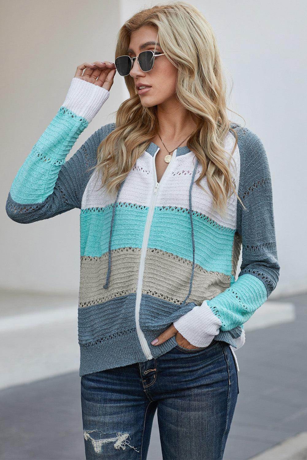 Zip-Up Raglan Sleeve Openwork Hooded Cardigan for Women - Selvanelle
