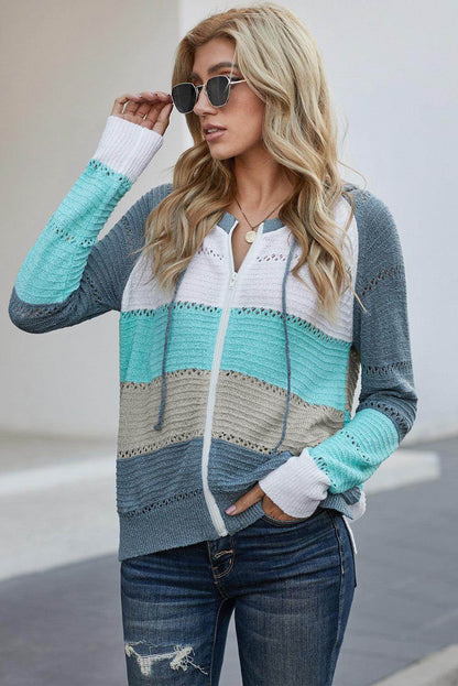 Zip-Up Raglan Sleeve Openwork Hooded Cardigan for Women - Selvanelle