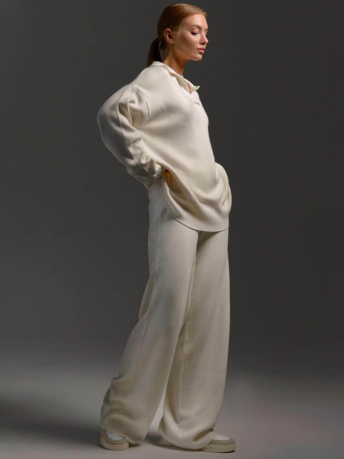 Johnny Collar Long Sleeve Top and Pants Sweater Set Women - Selvanelle