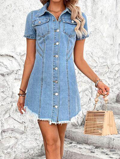 Raw Hem Button Up Short Sleeve Denim Dress for Women - Selvanelle