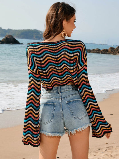 Striped Boat Neck Long Sleeve Cover Up - Selvanelle
