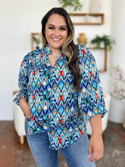 Double Take Full Size Printed Balloon Sleeve Blouse for Women - Selvanelle