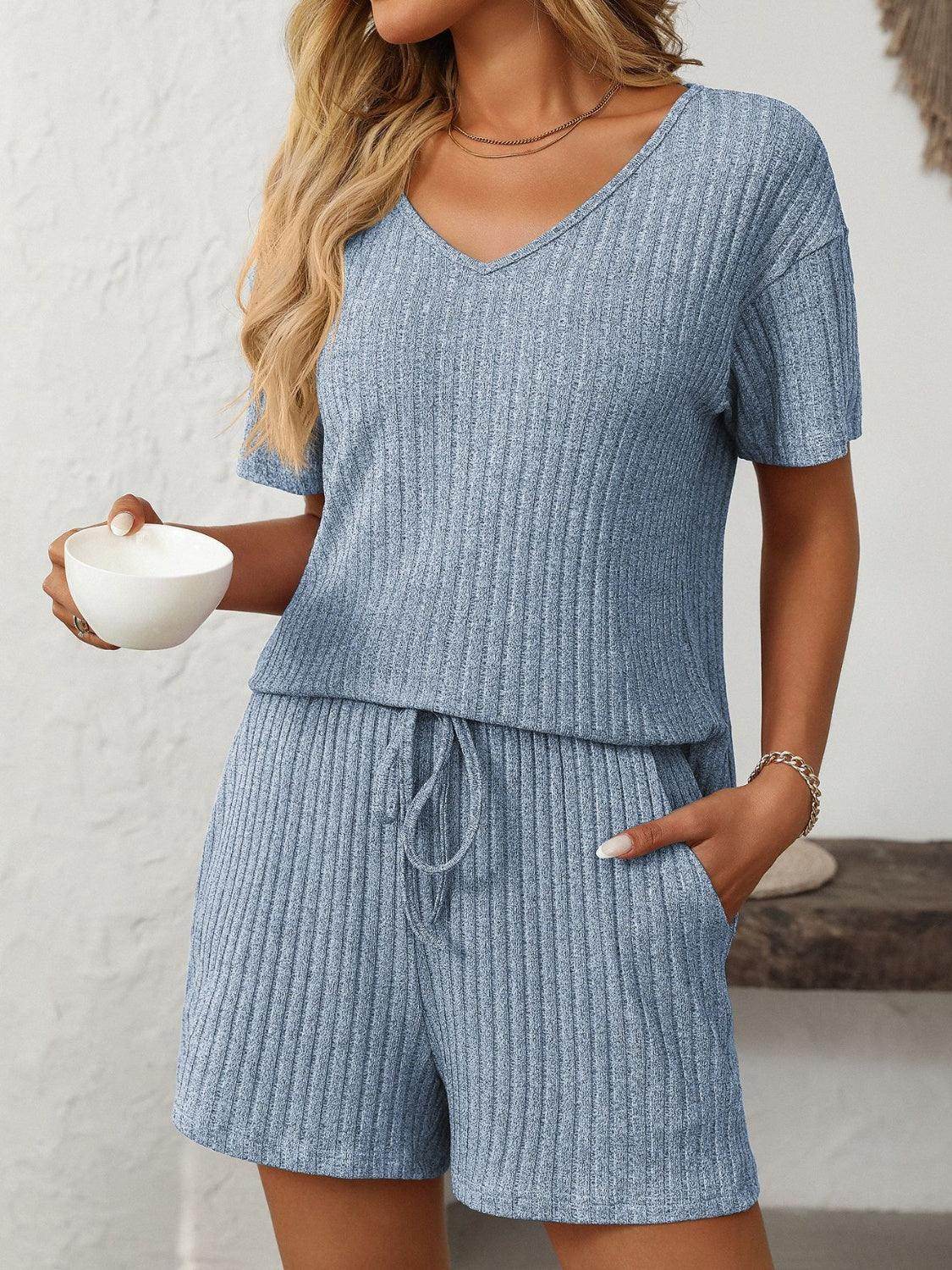 Mandy V-Neck Short Sleeve Top and Shorts Set for Women - Selvanelle