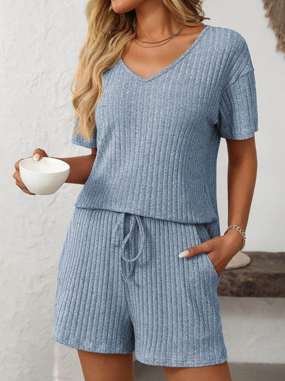 Mandy V-Neck Short Sleeve Top and Shorts Set for Women - Selvanelle