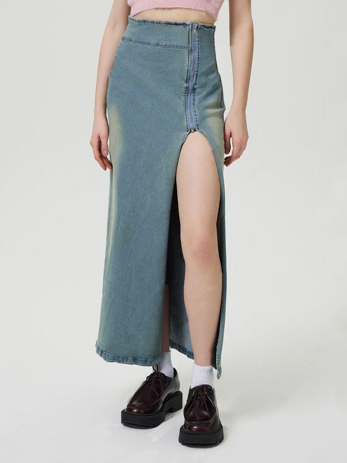 Slit Denim Skirt with Zip for Women in Various Sizes