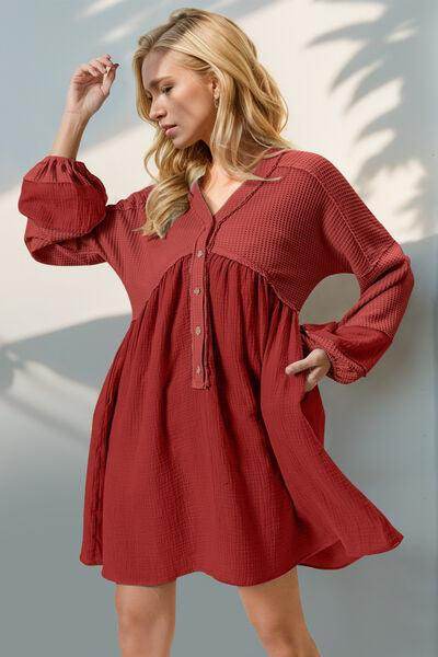 Double Take Waffle-Knit Contrast Half Button V-Neck Dress - Selvanelle