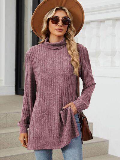 Slit Mock Neck Long Sleeve T-Shirt for Women with Pocket - Selvanelle
