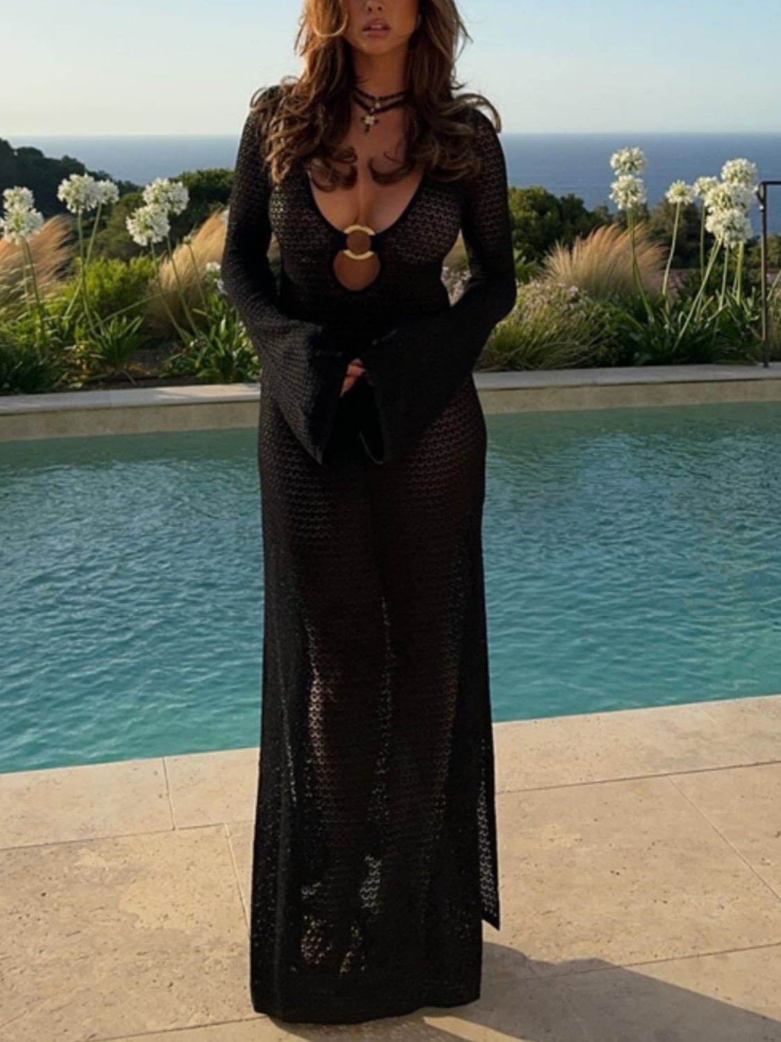 Slit Plunge Flare Sleeve Cover-Up Dress - Selvanelle