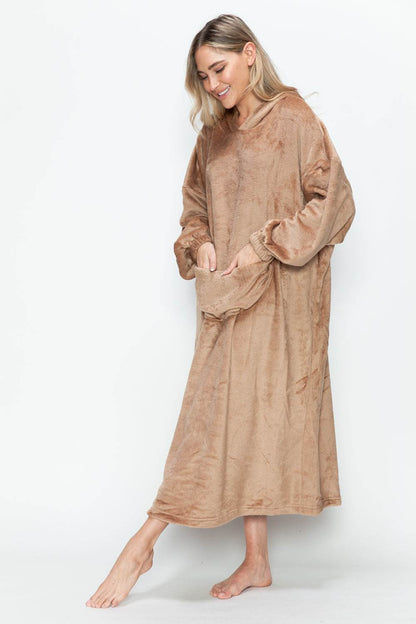 Double Take Full Size Pocketed Hooded Midi Lounge Dress - Selvanelle