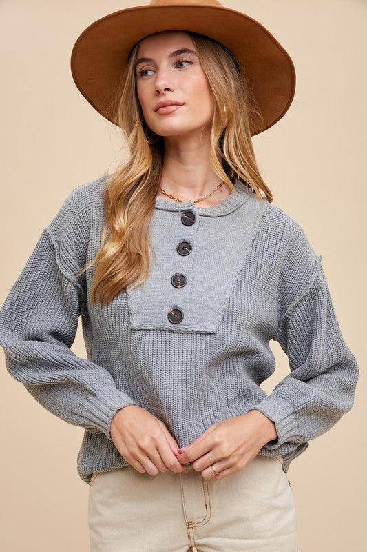 Annie Wear Half Button Ribbed Hem Sweater for Women