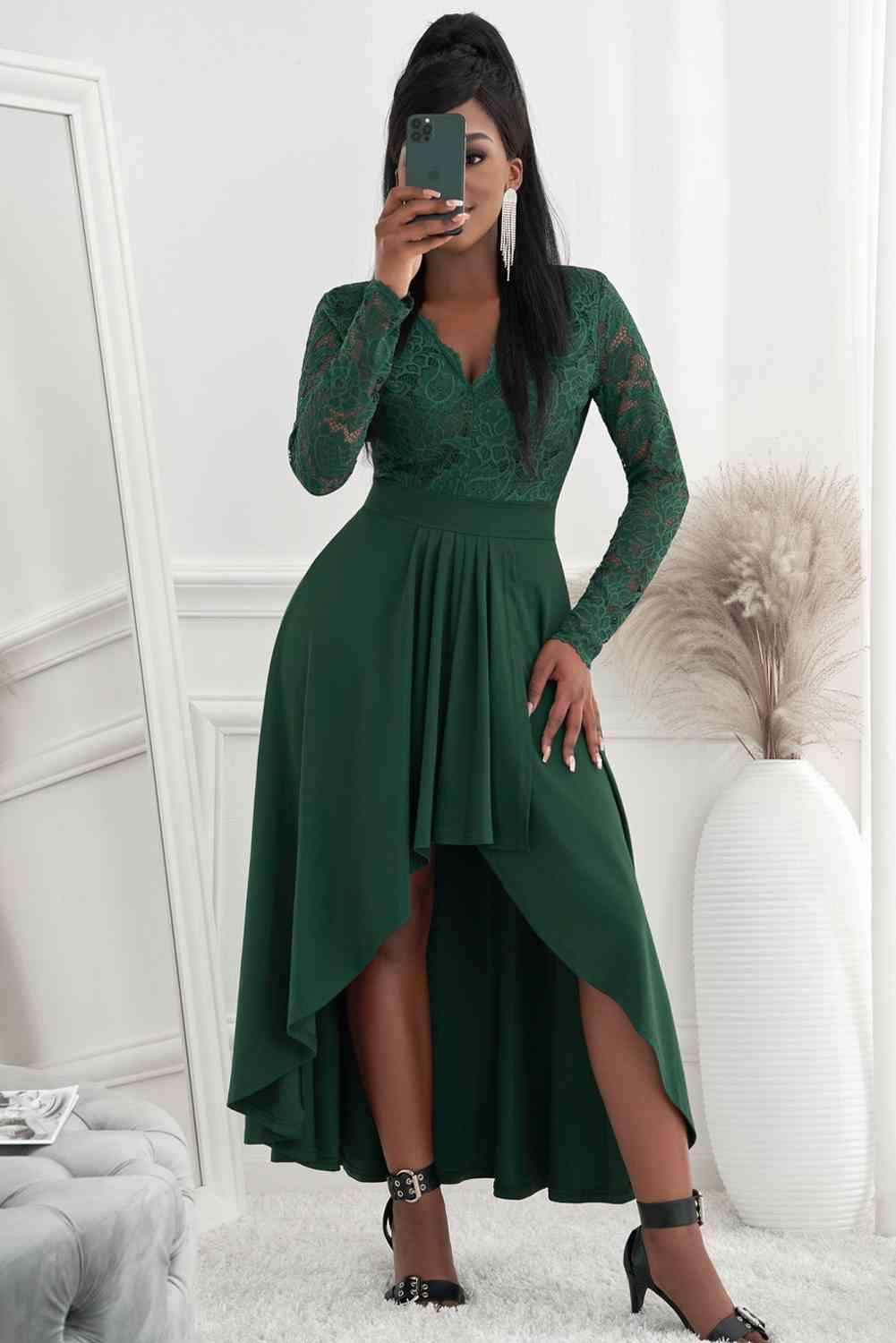 Lace High-Low V-Neck Dress for Elegant Evening Wear - Selvanelle