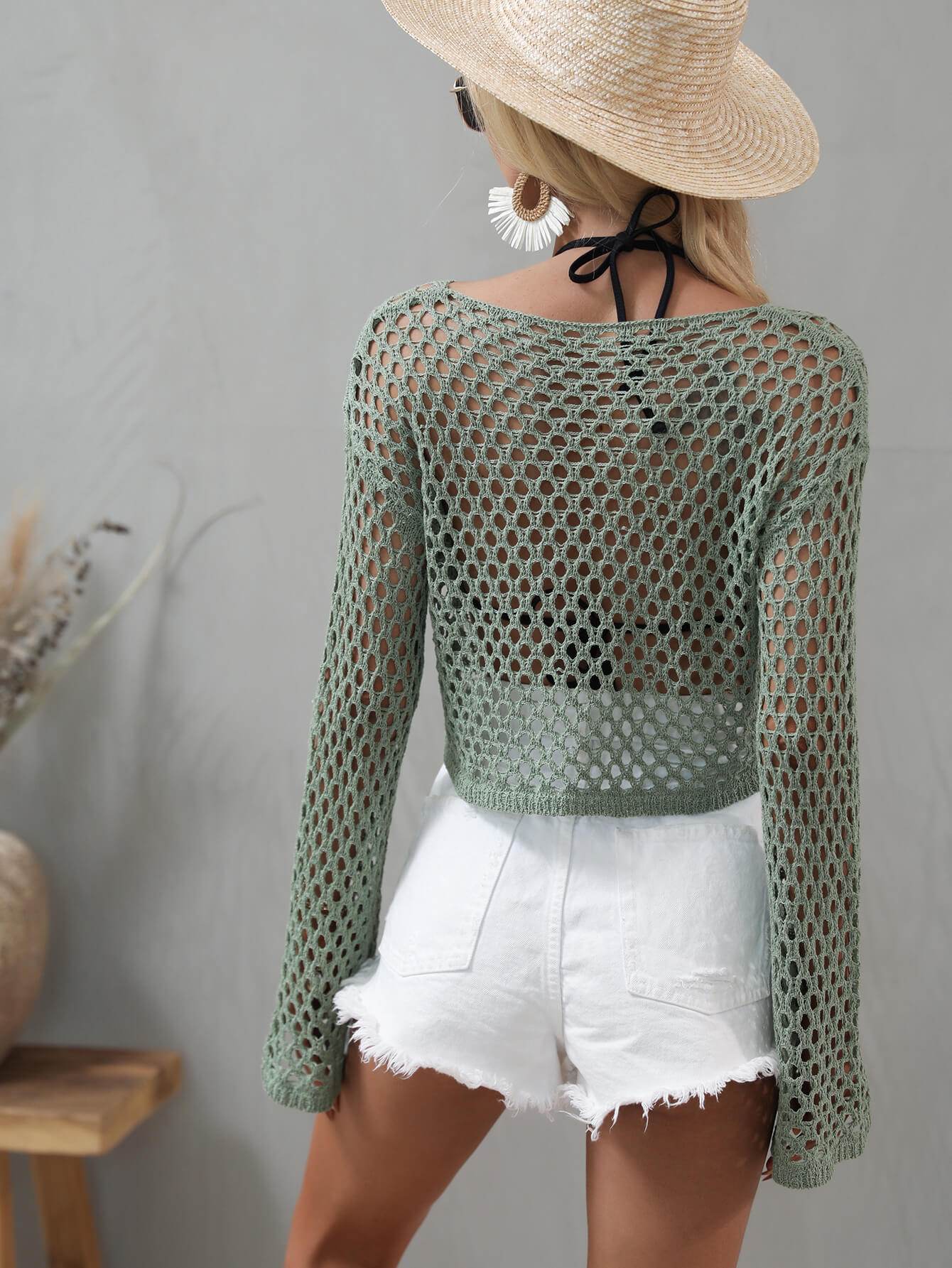 Openwork Flare Sleeve Cropped Cover Up - Selvanelle