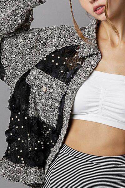 POL Eyelet Flower Pearl Detail Lace Patchwork Shirt For Women - Selvanelle