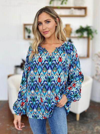 Double Take Full Size Printed Balloon Sleeve Blouse Women - Selvanelle