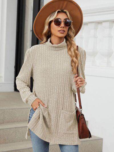 Slit Mock Neck Long Sleeve T-Shirt for Women with Pocket - Selvanelle